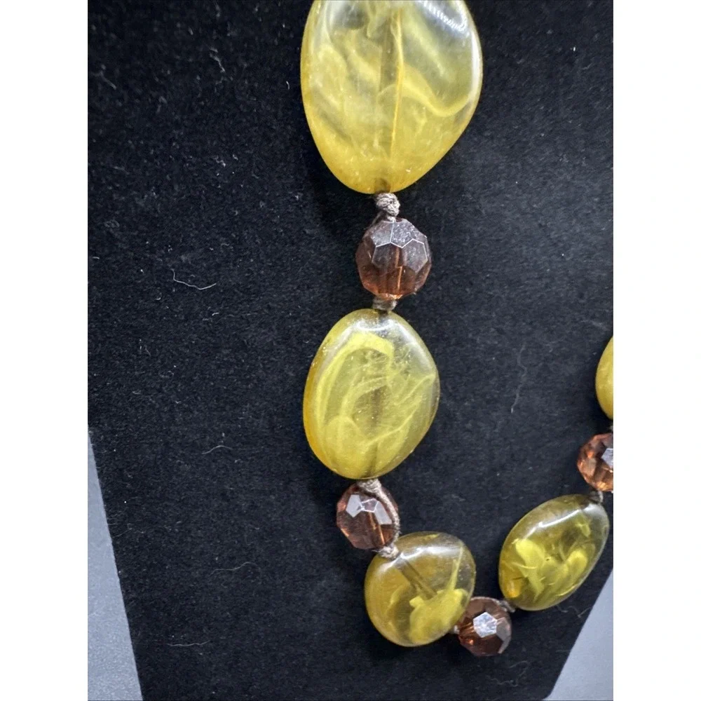 Chunky‎ Yellow Marbled Resin & Amber Glass Beaded Statement Necklace 24 Inch